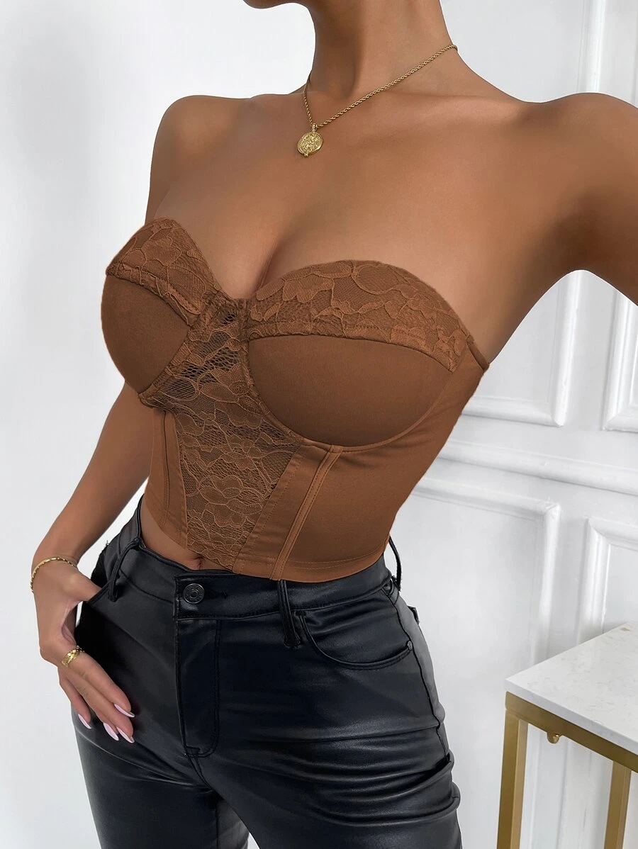 Zip Back Bustier Crop Lace Tube Top - Coffee Brown - View 1