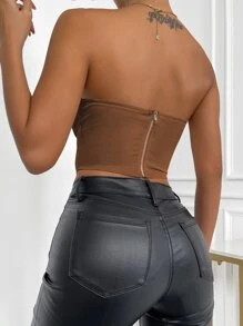 Zip Back Bustier Crop Lace Tube Top - Coffee Brown - View 2