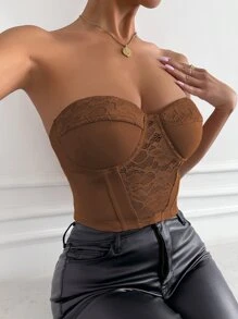 Zip Back Bustier Crop Lace Tube Top - Coffee Brown - View 3