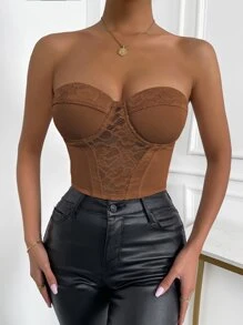 Zip Back Bustier Crop Lace Tube Top - Coffee Brown - View 4