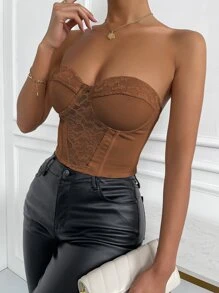 Zip Back Bustier Crop Lace Tube Top - Coffee Brown - View 6