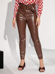 SHEIN High Waist PU Leather Trousers - Brown - View 1