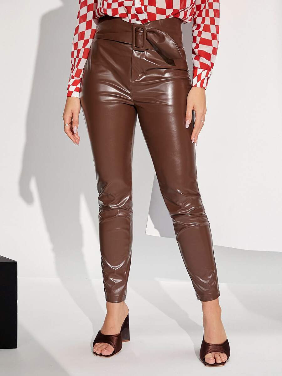 SHEIN High Waist PU Leather Trousers - Brown - View 1