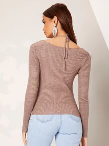 SHEIN BAE 吊脖後綁帶素色套頭毛衣 - 藕粉色 - 查看 2