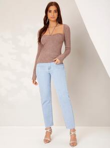 SHEIN BAE 吊脖後綁帶素色套頭毛衣 - 藕粉色 - 查看 4