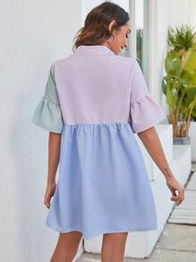 Chiquease Đầm Viên lá sen Nút phía trước Sọc Dễ thương - Nhiều màu - Xem 2