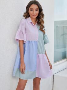 Chiquease Đầm Viên lá sen Nút phía trước Sọc Dễ thương - Nhiều màu - Xem 3