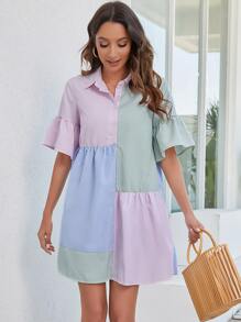 Chiquease Đầm Viên lá sen Nút phía trước Sọc Dễ thương - Nhiều màu - Xem 4