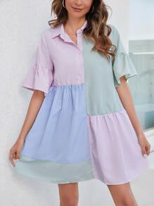 Chiquease Đầm Viên lá sen Nút phía trước Sọc Dễ thương - Nhiều màu - Xem 5