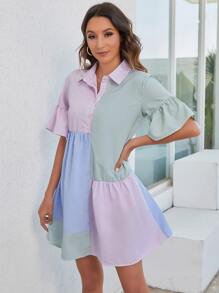 Chiquease Đầm Viên lá sen Nút phía trước Sọc Dễ thương - Nhiều màu - Xem 6