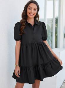 SHEIN LUNE Vestido smock de manga farol bajo con fruncido - Negro - Ver 1