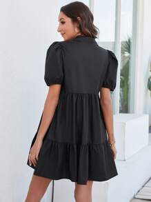SHEIN LUNE Vestido smock de manga farol bajo con fruncido - Negro - Ver 2