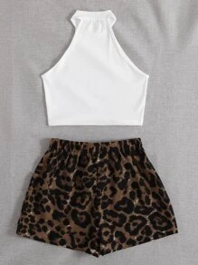 SHEIN VCAY 螺紋針織掛脖上衣和豹紋印花短褲套裝 - 彩色 - 查看 2