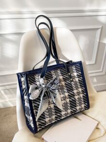 Modna, w paski, 1-częściowa, duża torba na ramię w kratkę z modną torbą i szalikiem, dla kobiet, nowicjuszek i pracowników umysłowych, na prezenty dla nauczycieli, dla dziewczynek, nastolatek, dla kobiet, dla kobiet do biznesu/dojazdów/pracy/biura, na festiwale/wakacje/święta, modna torebka z kokardą dla kobiet