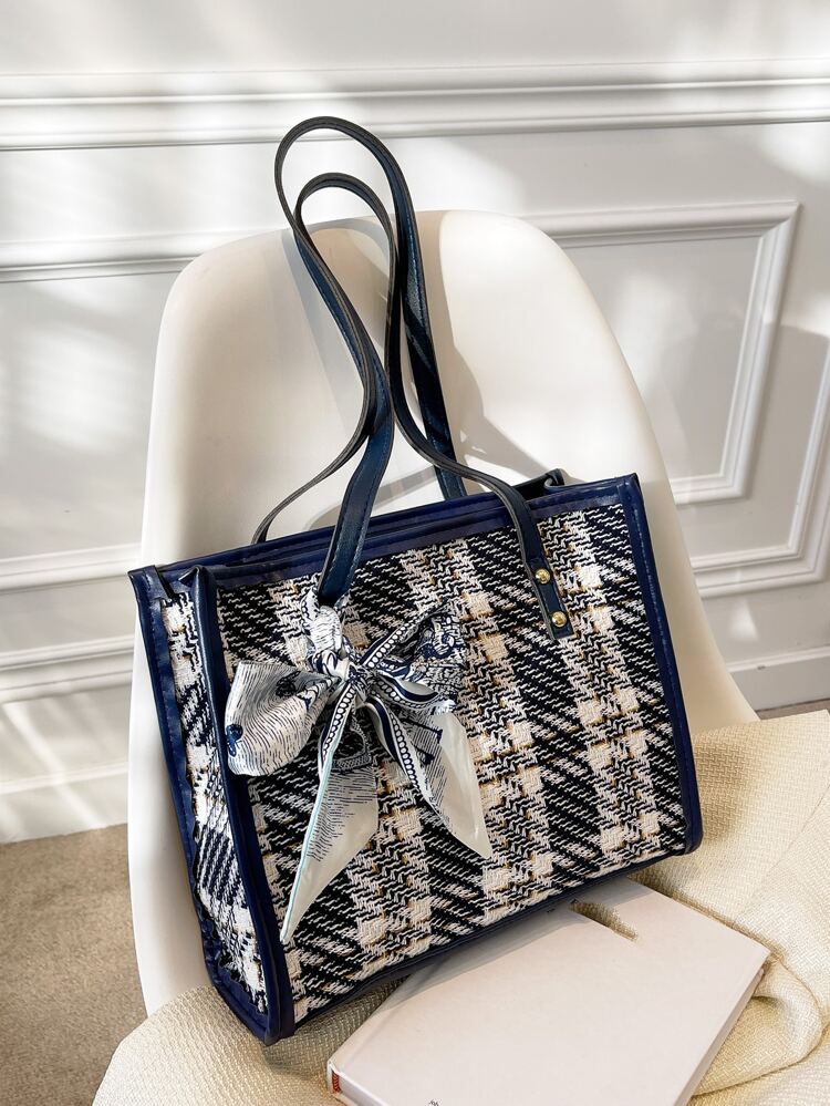 Fashionable Striped 1 Piece Plaid Large Capacity Shoulder Bag With Fashionable Tote Bag And Scarf, For Women, Rookies & White-Collar Workers, For Teacher Gifts, For Girl, Teen Girls, For Lady, For Female For Business/Commute/Work/Office, For Festivals/Vacation/Holiday, Bow Purse For Women, Best Teacher Gift