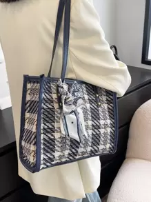 Modna, w paski, 1-częściowa, duża torba na ramię w kratkę z modną torbą i szalikiem, dla kobiet, nowicjuszek i pracowników umysłowych, na prezenty dla nauczycieli, dla dziewczynek, nastolatek, dla kobiet, dla kobiet do biznesu/dojazdów/pracy/biura, na festiwale/wakacje/święta, modna torebka z kokardą dla kobiet