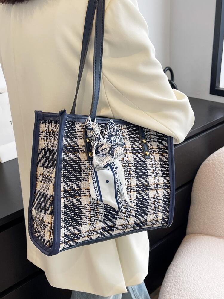 Fashionable Striped 1 Piece Plaid Large Capacity Shoulder Bag With Fashionable Tote Bag And Scarf, For Women, Rookies & White-Collar Workers, For Teacher Gifts, For Girl, Teen Girls, For Lady, For Female For Business/Commute/Work/Office, For Festivals/Vacation/Holiday, Bow Purse For Women, Best Teacher Gift