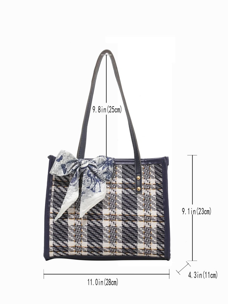 时尚条纹 1 件格子大容量单肩包，配有时尚手提包和围巾，适合女性、新秀和白领人士，适合教师礼物，适合女孩、少女，适合女士，适合女性，适合商务/通勤/工作/办公室，适合节日/度假/假日，女士时尚蝴蝶结钱包 - 彩色 - 查看 4