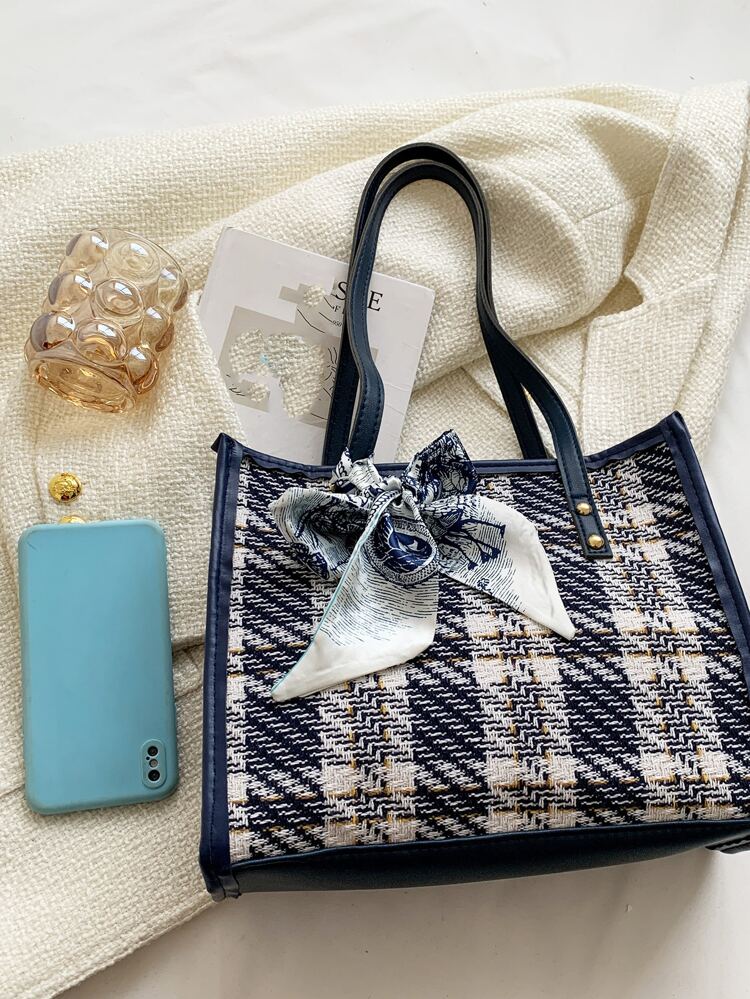 Fashionable Striped 1 Piece Plaid Large Capacity Shoulder Bag With Fashionable Tote Bag And Scarf, For Women, Rookies & White-Collar Workers, For Teacher Gifts, For Girl, Teen Girls, For Lady, For Female For Business/Commute/Work/Office, For Festivals/Vacation/Holiday, Bow Purse For Women, Best Teacher Gift