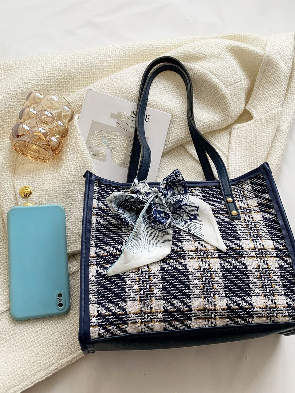 Fashionable Striped 1 Piece Plaid Large Capacity Shoulder Bag With Fashionable Tote Bag And Scarf, For Women, Rookies & White-Collar Workers, For Teacher Gifts, For Girl, Teen Girls, For Lady, For Female For Business/Commute/Work/Office, For Festivals/Vacation/Holiday, Bow Purse For Women, Best Teacher Gift