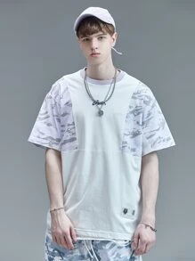 男士字母和動物刺繡筆刷圖案T恤 - 白色 - 查看 1