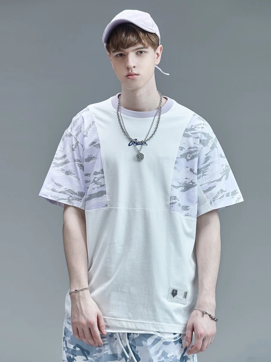 男士字母和動物刺繡筆刷圖案T恤 - 白色 - 查看 1