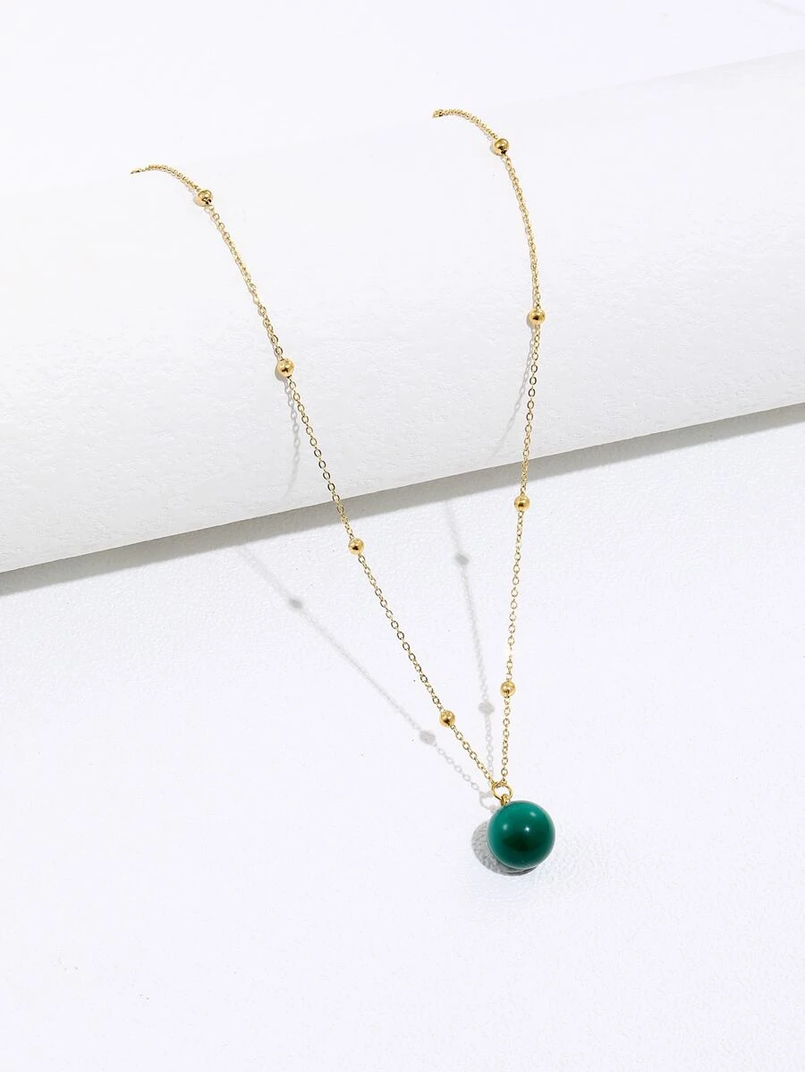 復古風格人造綠寶石圓球吊墜金珠質感高貴女士不鏽鋼項鍊鎖骨鏈,適合日常佩戴 - 墨綠色 - 查看 1