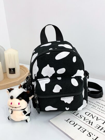 Lightweight Mini Cow Print Doll Decor Classic Backpack School Bag For Graduate, Teen Girls, Freshman, Sophomore, Junior & Senior In College, University & High School, Perfect For Outdoors ,Travel & Back To School