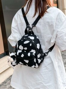 輕質迷你牛印花娃娃裝飾經典背包書包適合畢業生、青少年女孩、新生、大二、初中和高中學生、大學和高中，非常適合戶外、旅行和返校 - 黑與白 - 查看 2