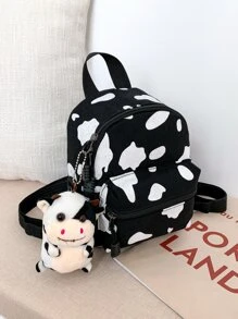 輕質迷你牛印花娃娃裝飾經典背包書包適合畢業生、青少年女孩、新生、大二、初中和高中學生、大學和高中，非常適合戶外、旅行和返校 - 黑與白 - 查看 4