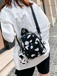 輕質迷你牛印花娃娃裝飾經典背包書包適合畢業生、青少年女孩、新生、大二、初中和高中學生、大學和高中，非常適合戶外、旅行和返校 - 黑與白 - 查看 5