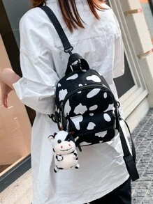 輕質迷你牛印花娃娃裝飾經典背包書包適合畢業生、青少年女孩、新生、大二、初中和高中學生、大學和高中，非常適合戶外、旅行和返校 - 黑與白 - 查看 6