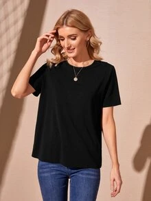 SHEIN 薄透蕾絲花邊素色T恤 - 黑色 - 查看 2