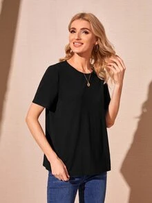 SHEIN 薄透蕾絲花邊素色T恤 - 黑色 - 查看 3