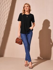 SHEIN 薄透蕾絲花邊素色T恤 - 黑色 - 查看 4