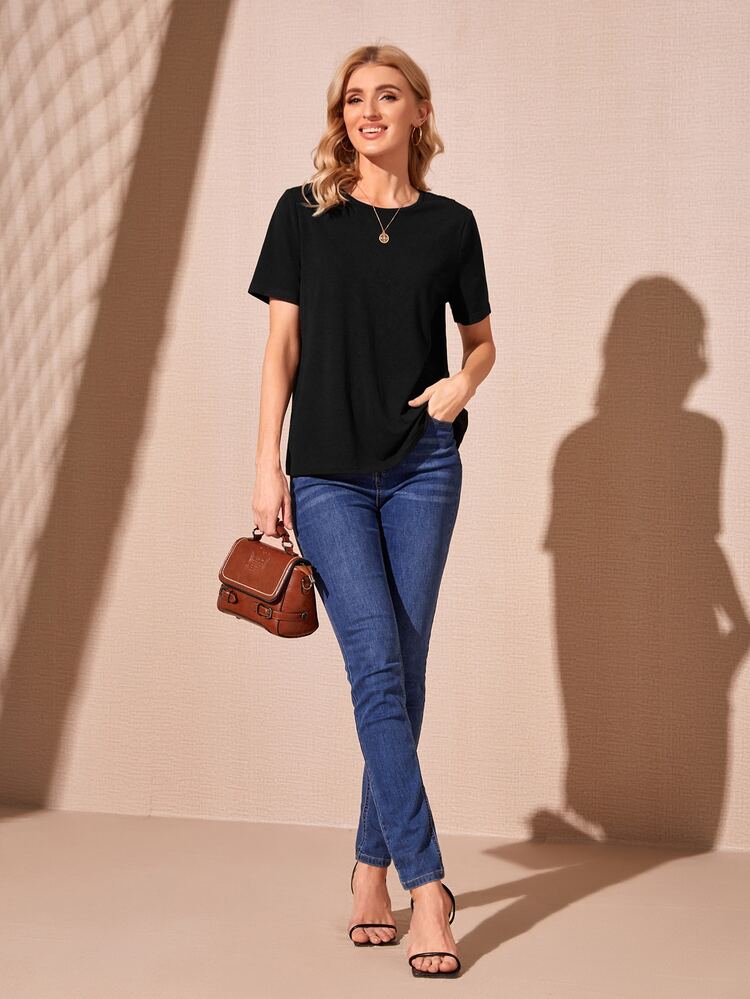 SHEIN 薄透蕾絲花邊素色T恤 - 黑色 - 查看 4