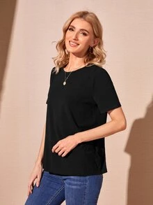 SHEIN 薄透蕾絲花邊素色T恤 - 黑色 - 查看 5