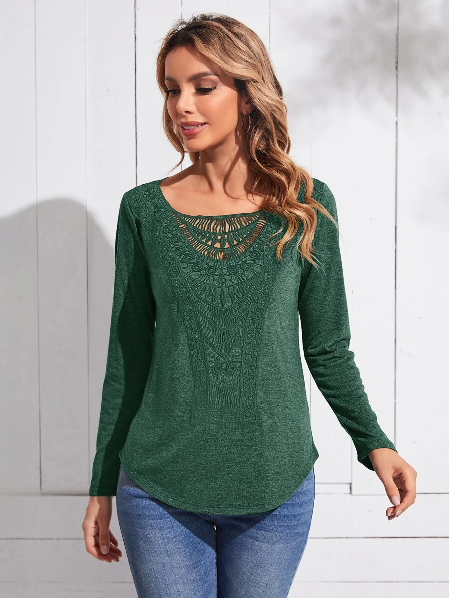 EMERY ROSE Contrast Guipure Lace Curved Hem Tee - Green - View 1