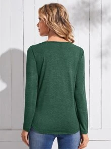 EMERY ROSE Contrast Guipure Lace Curved Hem Tee - Green - View 2