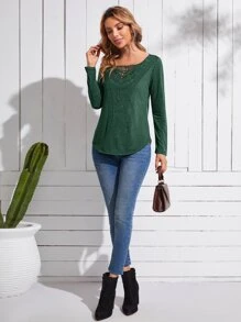 EMERY ROSE Contrast Guipure Lace Curved Hem Tee - Green - View 3