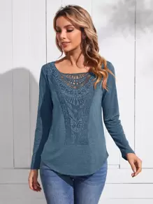 EMERY ROSE Contrast Guipure Lace Curved Hem Tee - Dusty Blue - View 1