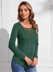 EMERY ROSE Contrast Guipure Lace Curved Hem Tee - Green - View 4