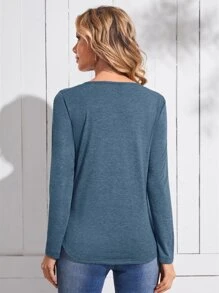 EMERY ROSE Contrast Guipure Lace Curved Hem Tee - Dusty Blue - View 2