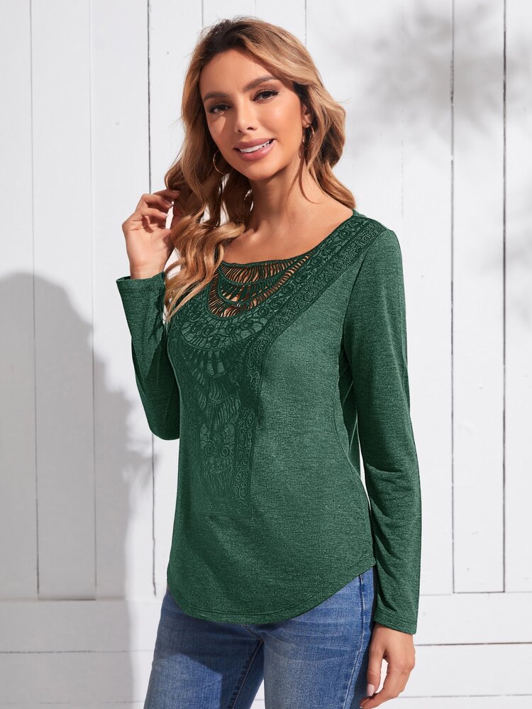 EMERY ROSE Contrast Guipure Lace Curved Hem Tee - Green - View 5
