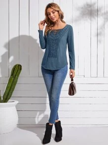 EMERY ROSE Contrast Guipure Lace Curved Hem Tee - Dusty Blue - View 3