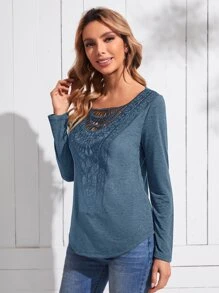 EMERY ROSE Contrast Guipure Lace Curved Hem Tee - Dusty Blue - View 4
