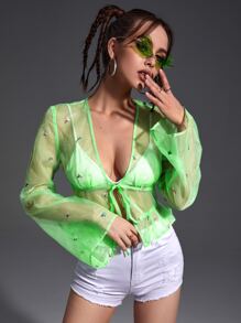 SHEIN ICON Áo sơ mi nữ Nghề thêu Viên lá sen cắt Thắt nơ trước Hoa Gợi cảm - Màu xanh chanh - Xem 1