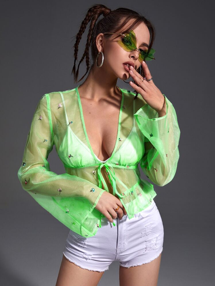 SHEIN ICON Floral Embroidery Knot Front Crop Mesh Top - Lime Green - View 1