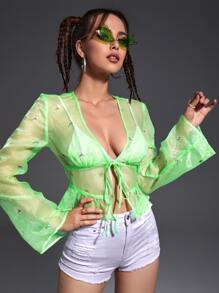 SHEIN ICON Áo sơ mi nữ Nghề thêu Viên lá sen cắt Thắt nơ trước Hoa Gợi cảm - Màu xanh chanh - Xem 4