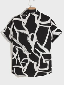Manfinity BRENVOR 男士落肩袖圖形圖案襯衫 - 黑與白 - 查看 2